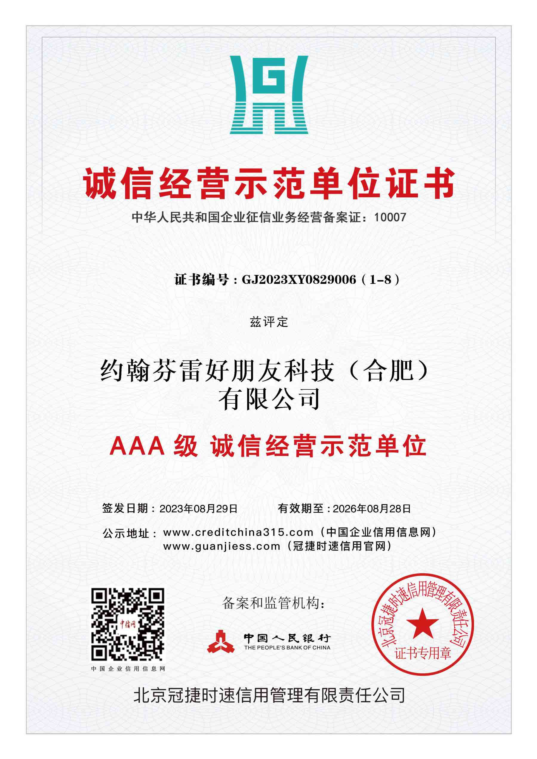 诚信经营示范单位证书